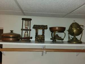 lot 503 image: Collection of Vintage Decorative Items Including Copper Teapot and Hourglass