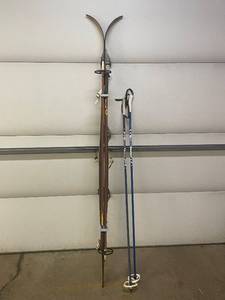 lot 602 image: Vintage Wooden Skis with Poles
