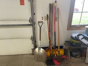 lot 627 image: Collection of Lawn Care Tools Including Shovel and Brooms
