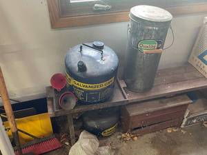 lot 629 image: Metal Gas Cans and Galvanized Cans with Spout and Lid