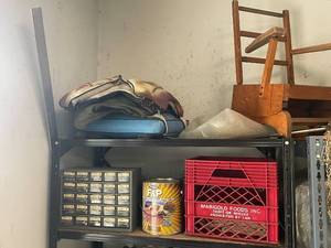 lot 632 image: Assortment of Garage Storage Items with Shelving and Vintage Chair