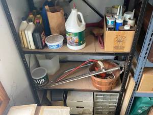 lot 633 image: Assorted Garage Items with Automotive Fluids and Tools