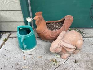 lot 660 image: Terracotta Chicken Planter, Rabbit Statue & Watering Can