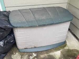 lot 674 image: Used Outdoor Storage Box with Assorted Garden Supplies