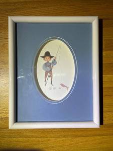 lot 723 image: Framed Artwork with Boy Fishing Motif