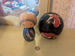 lot 157 image: Kokeshi Doll and Japanese Lacquer Box with Koi Design