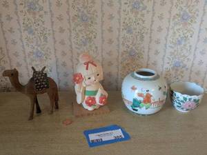 lot 305 image: Set of 4 Decorative Porcelain Items and Wooden Camel Figurine
