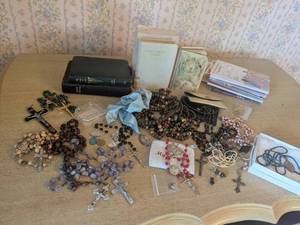 lot 311 image: Collection of Religious Items Rosaries, Books, and Prayer Cards including Sterling Silver