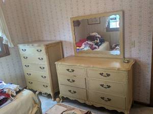 lot 312 image: Woodward & Lothrop Vintage Yellow French Provincial Bedroom Furniture Set with Dresser, Mirror, Chest, and Twin Beds