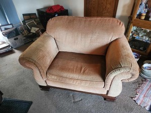 lot 496 image: Large Comfortable Upholstered Armchair with Rolled Arms in Neutral Color Not Faded or Discolored