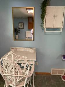 lot 37 image: Antique White Wicker Vanity with Chair and Wall Cabinet Set