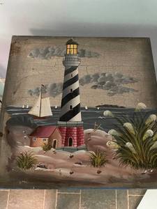 lot 49 image: Hand-Painted Lighthouse Themed Side Table with Nautical Artwork