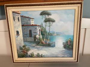 lot 59 image: Framed Oil Painting of a Mediterranean Seaside Scene