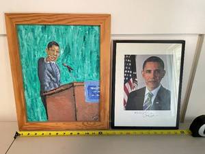 lot 68 image: Framed Barack Obama Portrait and Original Painting Set