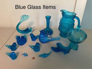 lot 73 image: Collection of Blue Glass Figurines and Pitcher Set
