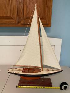 lot 74 image: Vintage Wooden Sailboat Model on Display Stand