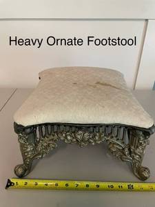 lot 77 image: Heavy Ornate Metal Footstool with Upholstered Top