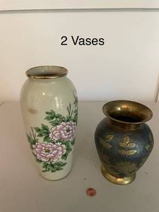 lot 87 image: Pair of Decorative Vases with Floral Designs - Satsuma and Brass