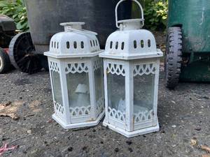 lot 112 image: Pair of White Metal Lanterns with Glass Panes
