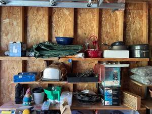 lot 148 image: Assorted Garage Storage Items including Cookware and Tools