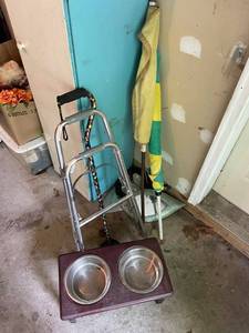 lot 153 image: Stand-Alone Pet Food Bowls, Folding Walking Aid, and Beach Umbrella Set