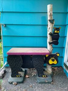 lot 155 image: Handcrafted Wooden Bear-Themed Outdoor Bench with Birch Tree Design
