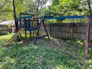 lot 163 image: Outdoor Wooden Playset with Slide and Swings