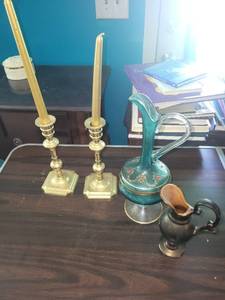 lot 212 image: Vintage Brass Candle Holders and Decorative Red Wing Pitchers