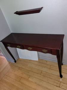 lot 223 image: Wooden Console Table with Brass Handles and Matching Wall Shelf