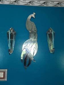 lot 238 image: Art Deco Style Mirrored Peacock Wall Art with Candle Sconces