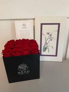 lot 245 image: SOHO Floral Arts Box with Real Everlasting Red Roses and Artwork Card