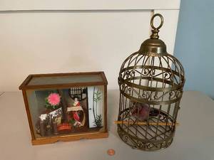 lot 252 image: Vintage Birdcage with Decorative Bird and Japanese Music Box