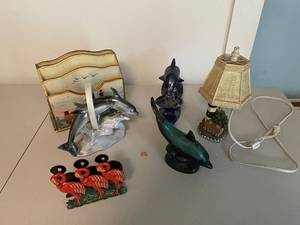 lot 254 image: Mixed Collection Dolphin Figurine, Lighthouse Lamp, Flamingo Decor & Mail Organizer