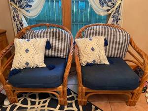 lot 300 image: Pair of Rattan Armchairs with Blue Cushions