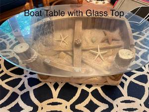 lot 301 image: Nautical Boat Table with Glass Top and Coastal Decor