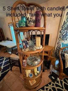 lot 304 image: 5 Shelf Tower with Assorted Candles and Decor - TAKE WHAT YOU WANT, SHELF INCLUDED
