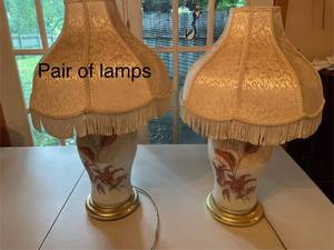 lot 317 image: Pair of Iridescent Milk Glass Lamps with Fabric Shades