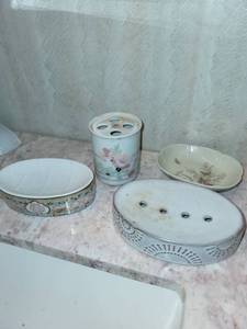 lot 360 image: Assorted Bathroom Decor Set with Porcelain Holders and Framed Wall Art