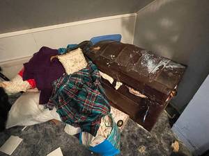 lot 402 image: Antique Wooden Trunk Filled with Assorted Vintage Textiles - TAKE WHAT YOU WANT
