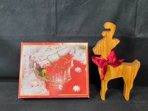 lot 19 image: Gorham Winter Follies Candy Dish with Santa and Wooden Reindeer Decor