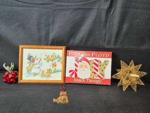 lot 23 image: Holiday Decor Set Snowman Artwork, Fitz and Floyd Snack Therapy Plate, Ornaments