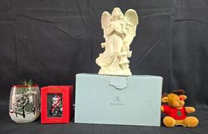 lot 31 image: Collection of Festive Decor Angel Statue, Reindeer Plush, Candle Holder & Bear Ornament
