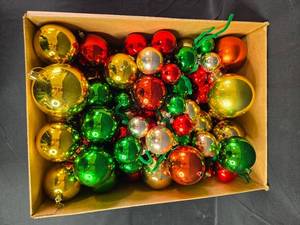 lot 32 image: Collection of Assorted Holiday Ornament Balls in Festive Colors