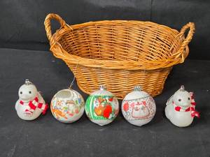 lot 49 image: Vintage Christmas Ornament Collection with Wicker Basket