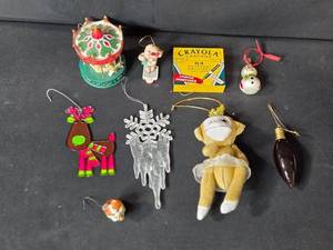 lot 56 image: Set of Assorted Holiday Ornaments & Vintage Crayola Crayon Box