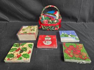 lot 65 image: Collection of Holiday Themed Napkins with Festive Basket