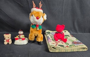 lot 70 image: Holiday Decor Set with Animated Reindeer, Bears, Snowman, Tapestry, and Tree Skirt