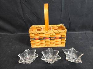 lot 83 image: Woven Basket with Handle and Set of 3 Star-Shaped Glass Candle Holders