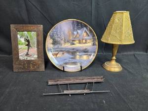 lot 84 image: Decorative Set Framed Art, Table Lamp, and Limited Edition Thomas Kinkade Plate