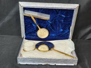 lot 92 image: Vintage Vanity Set with Mirror, Brush, and Accessories in Original Box